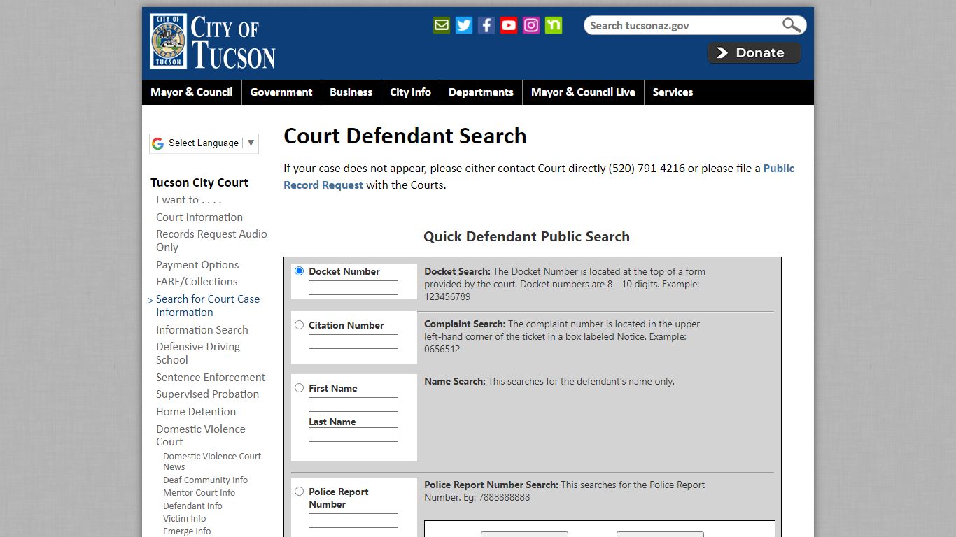 Court Defendant Search | Official website of the City of Tucson